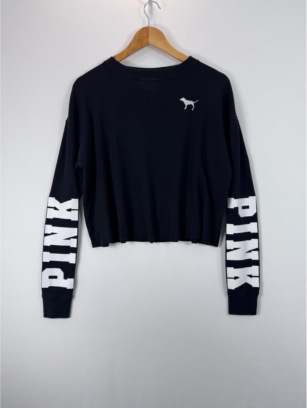 PINK Victoria’s Secret Thermal Crop Top Women’s S Black Logo Long Sleeve